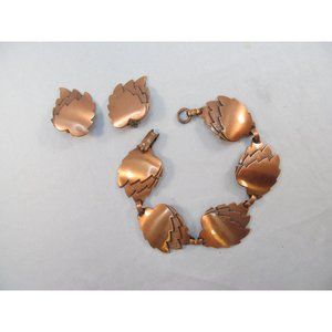 Vintage Copper Leaf Bracelet and Clip On Earring Set